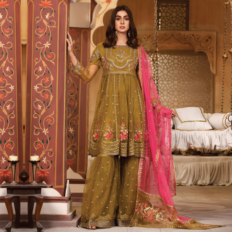 3 Piece Flared Frock with Sharara