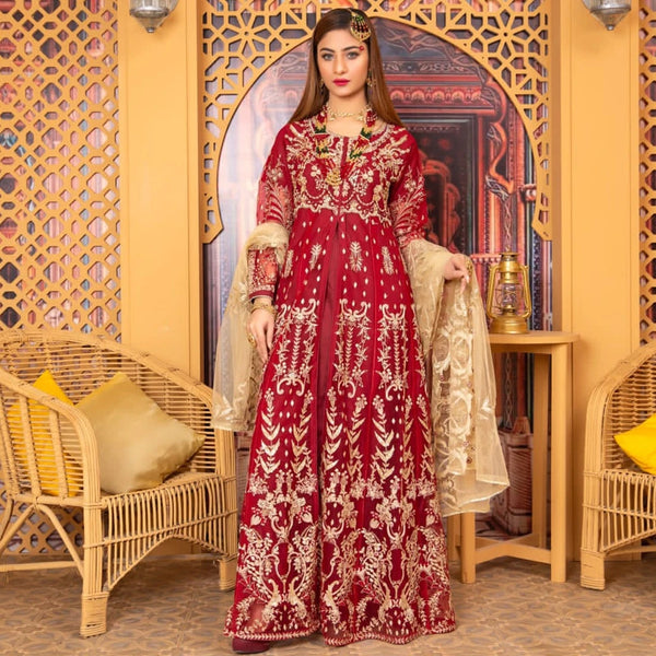 3 Piece Front Open Style Maroon Maxi