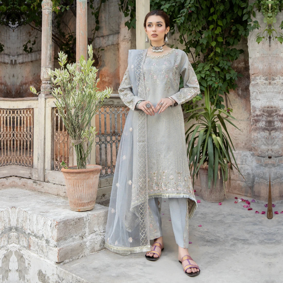 3 Piece Grey Jacquard Suit