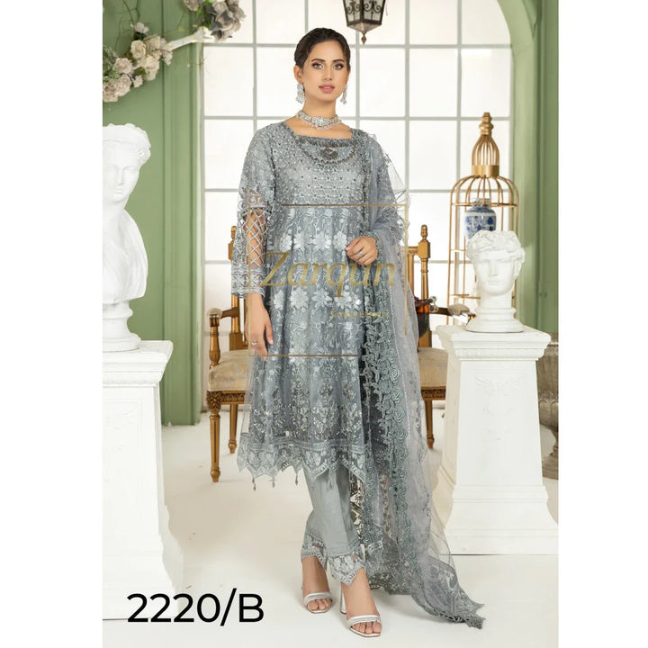 3 Piece Grey Sequence Emb Frock - Embroidered Frock - Zarqun Premium