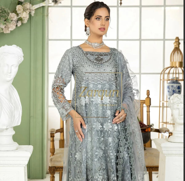 3 Piece Grey Sequence Emb Frock