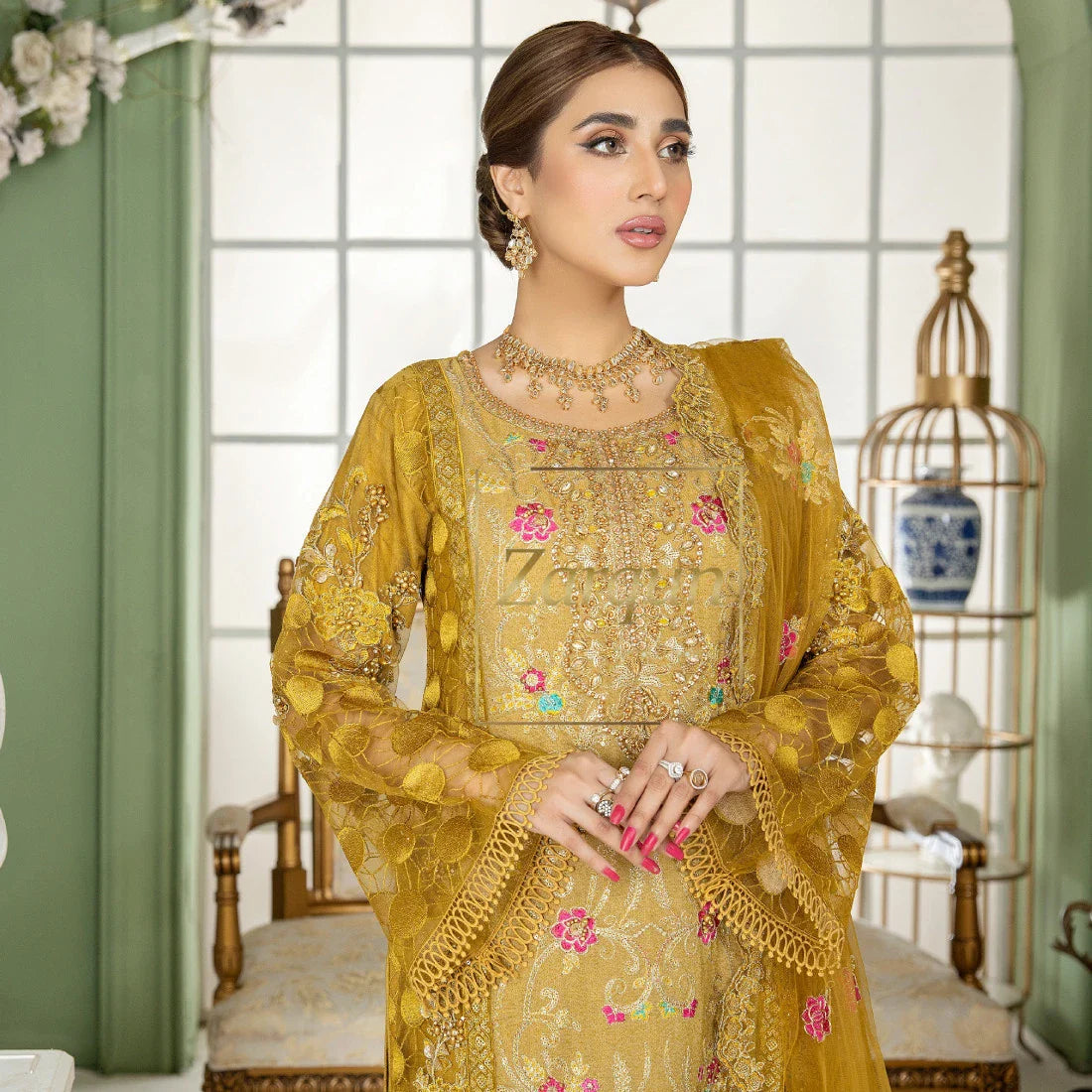 3 Piece Mustard Emb Net Suit