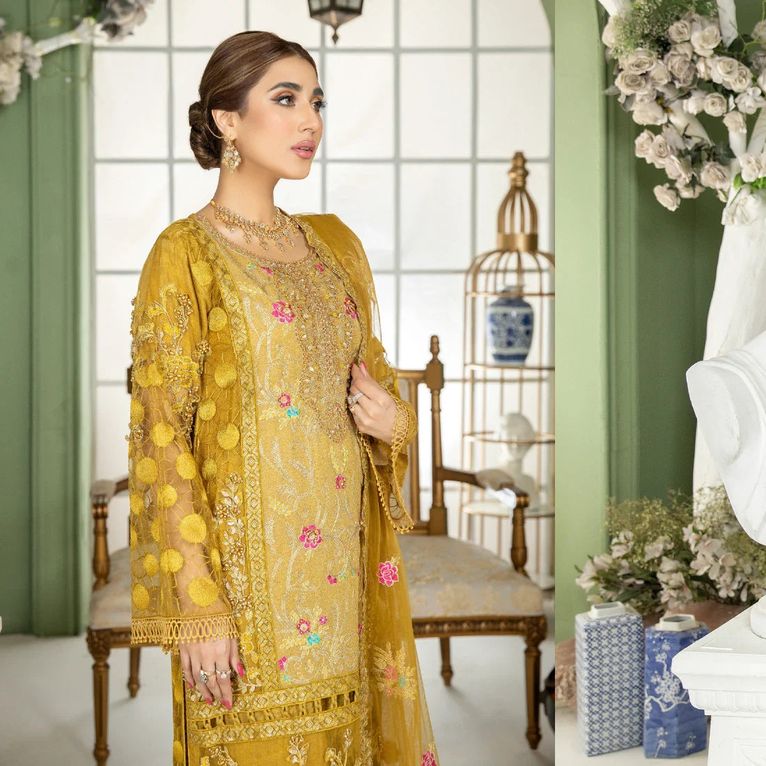 3 Piece Mustard Emb Net Suit