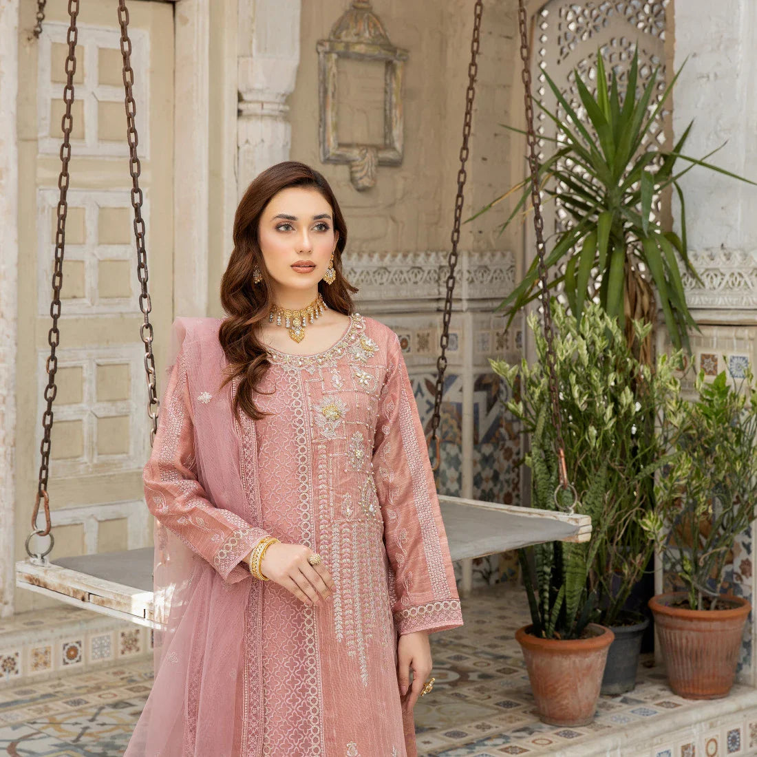 3 Piece Tea Pink Emb Suit