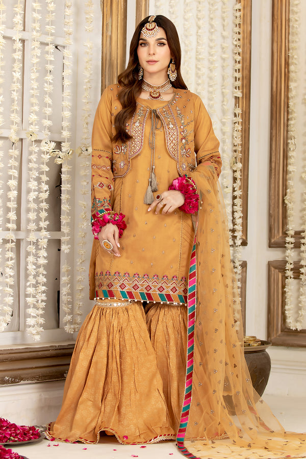 Four Piece Stitched Mustard Sharara Outfit