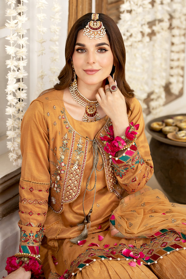 Four Piece Stitched Mustard Sharara Outfit