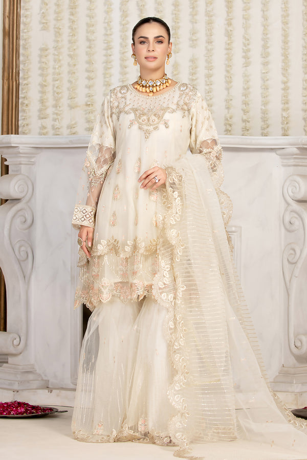 Three Piece Stitched Frock And Sharara Outfit