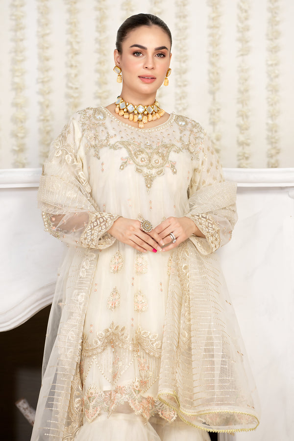 Three Piece Stitched Frock And Sharara Outfit