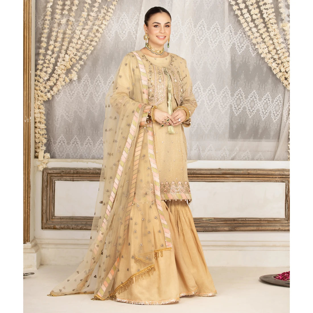 Four Piece Stitched Beige Sharara Outfit