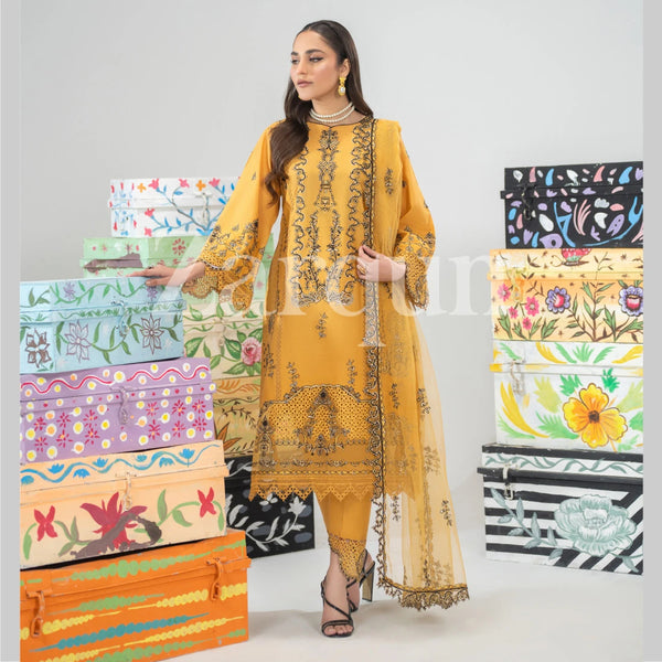 Ochre - 3Pc Embroidered Cotton Dress