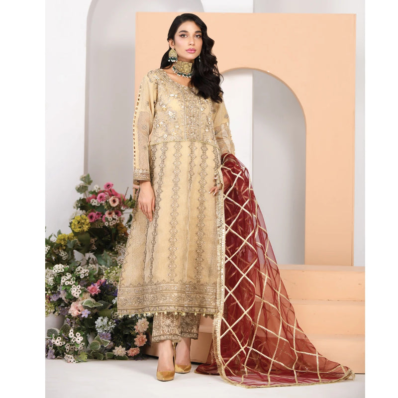 Stitched 3 Piece Khaadi Net Flared Frock