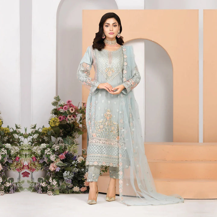Stitched 3 Piece Light Blue Organza Outfit