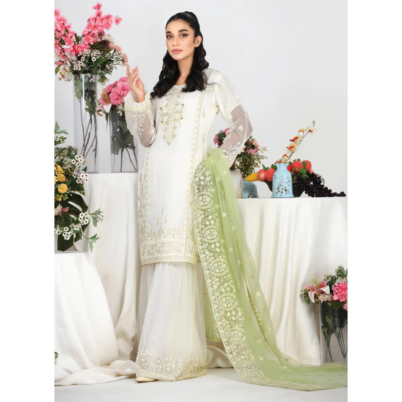 Stitched 3 Piece White Shirt With Gharara