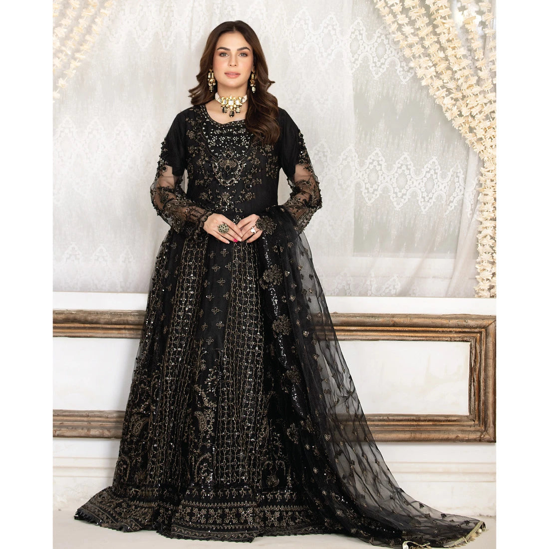 Three Piece Stitched Black Kalidar Maxi